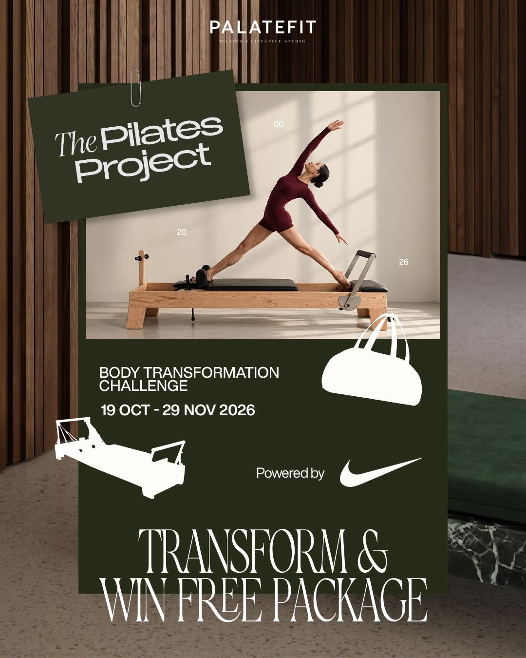 The Pilates Project poster: Body Transformation Challenge, 19 Oct – 29 Nov 2026, powered by Nike. Transform and win a free package.