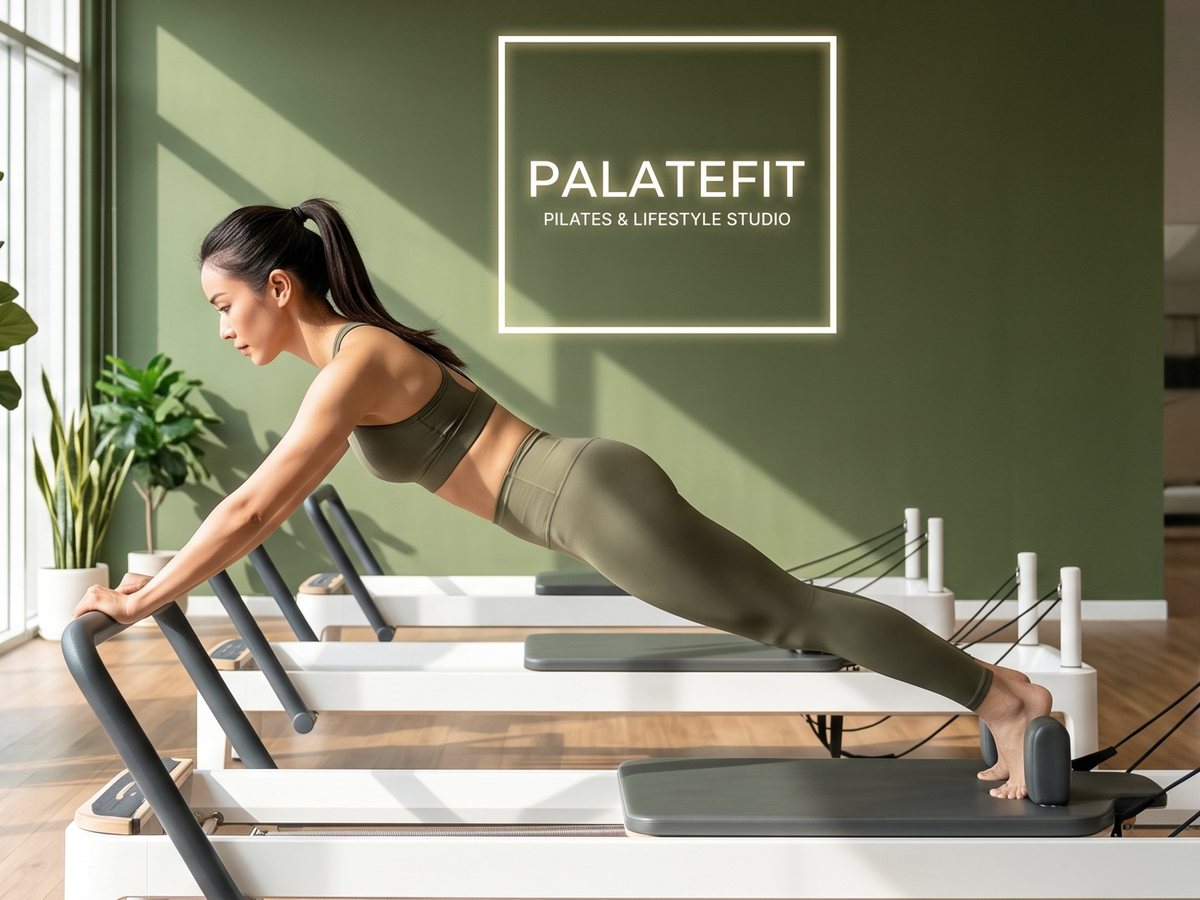 A woman training on a reformer at the Palatefit studio, in front of the olive wall with the lit PALATEFIT sign